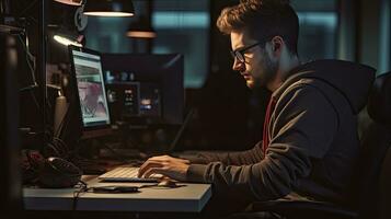 Young male software developer writes a program while working in the office. photo