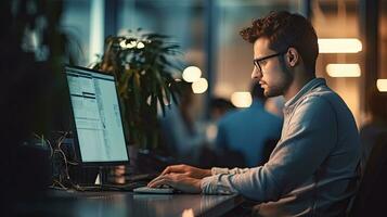 Young male software developer writes a program while working in the office. photo