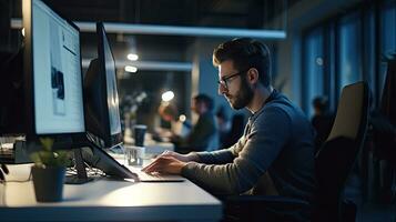 Young male software developer writes a program while working in the office. photo