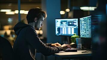 Young male software developer writes a program while working in the office. photo