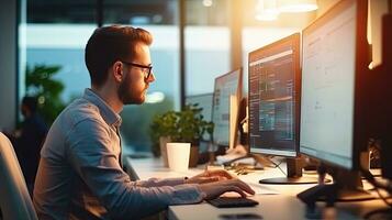 Young male software developer writes a program while working in the office. photo