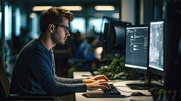 Young male software developer writes a program while working in the office. photo