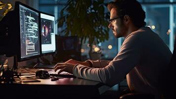 Young male software developer writes a program while working in the office. photo