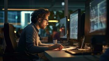 Young male software developer writes a program while working in the office. photo