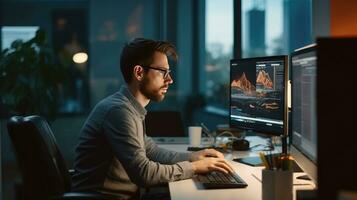 Young male software developer writes a program while working in the office. photo