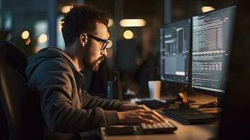 Young male software developer writes a program while working in the office. photo