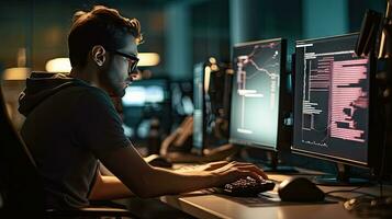Young male software developer writes a program while working in the office. photo