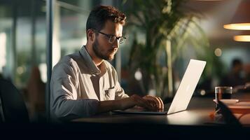 Young male software developer writes a program while working in the office. photo