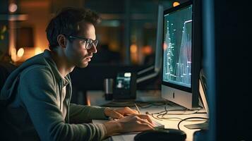 Young male software developer writes a program while working in the office. photo