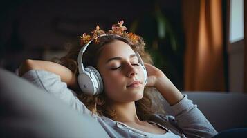 Young woman wearing headphones relaxing on the sofa at home photo