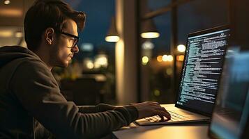 Young male software developer writes a program while working in the office. photo