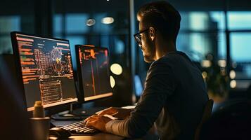 Young male software developer writes a program while working in the office. photo