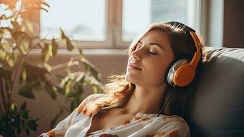 Young woman wearing headphones relaxing on the sofa at home photo