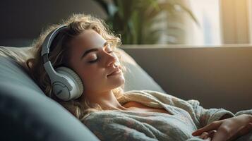 Young woman wearing headphones relaxing on the sofa at home photo