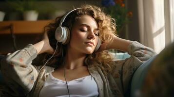 Young woman wearing headphones relaxing on the sofa at home photo