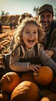 Hayride through a pumpkin patch with family photo