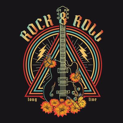 Rock And roll culture set colorful posters with guitars and Sunflower with butterfly. Butterflies flying
