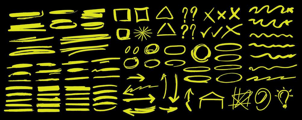 Hand-drawn doodle design elements, black on white background. Swishes, swoops, emphasis, Arrow, crown, brush stroke. doodle sketch design elements