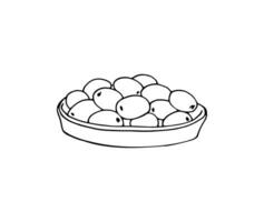 Hand-drawn olives in plate isolated realistic icon. Vector appetizer snack, Spain or Greek cuisine food.