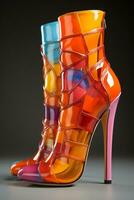 Graphic printed neon multi colored knee high stiletto boots. AI generative photo