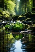 A rock covered with moss in the foreground. AI generative photo