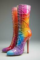 Graphic printed neon multi colored knee high stiletto boots. AI generative photo