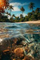 a paradisiacal beach, with the sun centered at the highest point in the sky, and some palm trees. AI generative photo