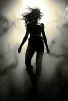 Woman vaguely visible silhouette through thick fog, dynamic pose. AI generative photo