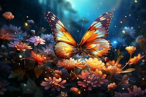 Flower meadow, anime style, Butterfly. AI generative photo