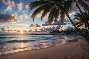 puesta de sol a tropical playa y Coco árbol foto