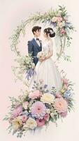 wedding couple with flower watercolor background photo