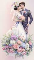 wedding couple with flower watercolor background photo