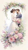 wedding couple with flower watercolor background photo