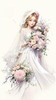 wedding couple with flower watercolor background photo
