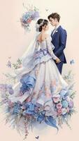 wedding couple with flower watercolor background photo