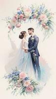 wedding couple with flower watercolor background photo