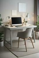 minimal home office desk setup with grey neutral colors photo