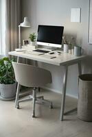 minimal home office desk setup with grey neutral colors photo