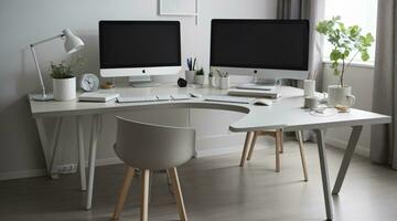 minimal home office desk setup with grey neutral colors photo