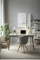 minimal home office desk setup with grey neutral colors photo