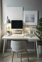 minimal home office desk setup with grey neutral colors photo