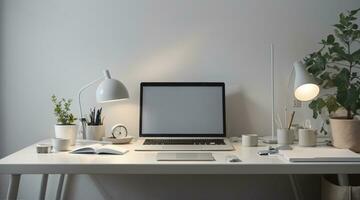 minimal home office desk setup with grey neutral colors photo