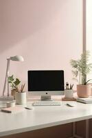 minimalist soft pastel color desk setup interior home office photo