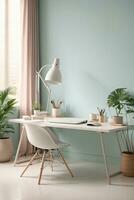 minimalist soft pastel color desk setup interior home office photo