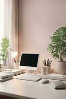 minimalist soft pastel color desk setup interior home office photo