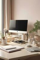 minimalist soft pastel color desk setup interior home office photo