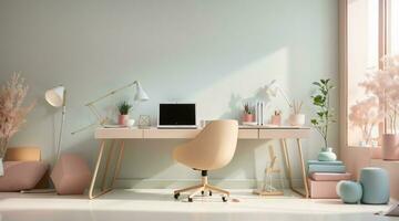 minimalist soft pastel color desk setup interior home office photo