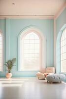 minimalist room interior with simple furniture with pastel tone colors photo