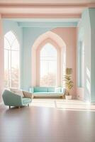 minimalist room interior with simple furniture with pastel tone colors photo