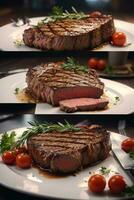 Grilled medium sirloin steak on white plate and wooden table photo